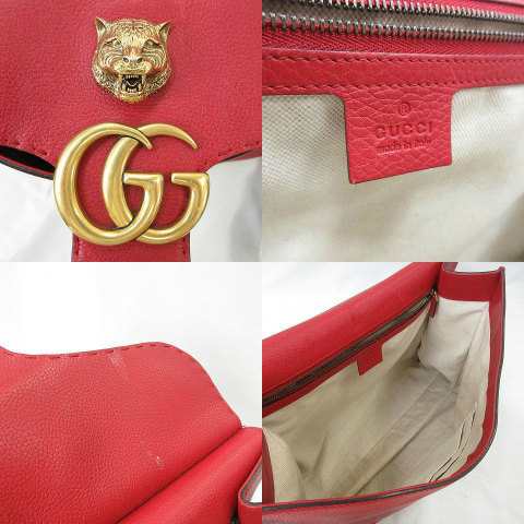 【中古】グッチ GUCCI GG マーモント タイガー ヘッド ワンハンド レザー バッグ 409155 赤レッド 手提げ かばん ☆AA★ レディース