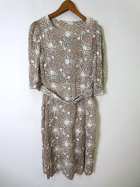 中古 ワンピース ハーフスリーブ 半袖 花柄 刺繍 ベルト付 ノスタルジック M ベージュ マルチカラー レディースの通販はau Pay マーケット ブランド古着のベクトル