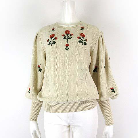 【中古】グッチ GUCCI 2021AW フローラル 刺繍 ニット セーター バルーンスリーブ ウール S ベージュ 正規品 美品の通販は