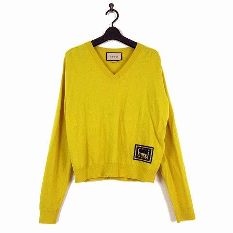 【中古】グッチ GUCCI 2022AW ニット セーター Vネック ウール 長袖 ロゴ 刺繍 M マスタードイエロー 国内正規品 美品の通販は