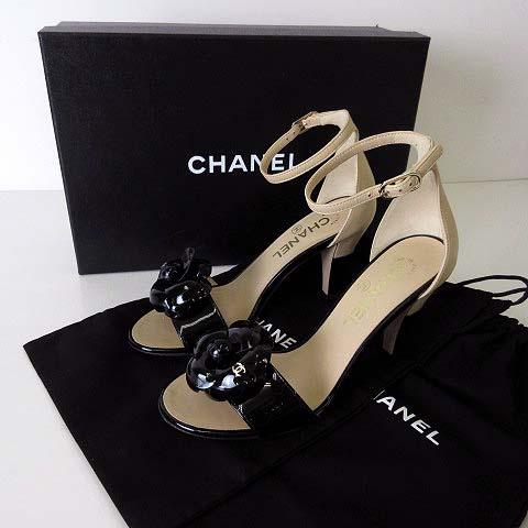 【中古】シャネル CHANEL 18C パンプス ヒールサンダル カメリア ココマーク レザー 35.5 C 黒 ベージュ 22.5cm 美品
