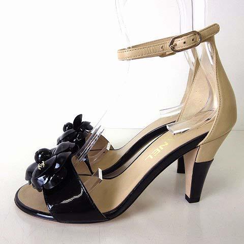 【中古】シャネル CHANEL 18C パンプス ヒールサンダル カメリア ココマーク レザー 35.5 C 黒 ベージュ 22.5cm 美品