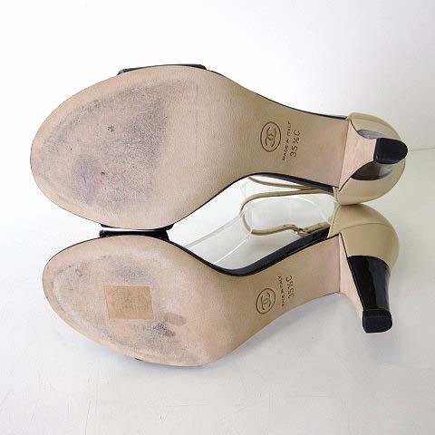 【中古】シャネル CHANEL 18C パンプス ヒールサンダル カメリア ココマーク レザー 35.5 C 黒 ベージュ 22.5cm 美品