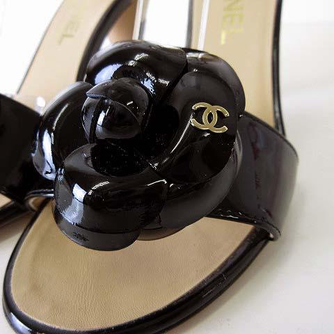 【中古】シャネル CHANEL 18C パンプス ヒールサンダル カメリア ココマーク レザー 35.5 C 黒 ベージュ 22.5cm 美品