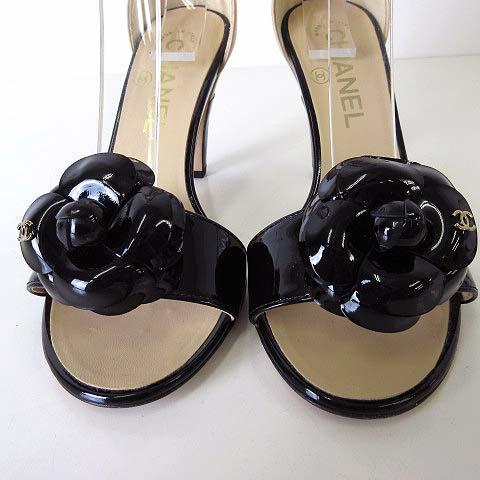 【中古】シャネル CHANEL 18C パンプス ヒールサンダル カメリア ココマーク レザー 35.5 C 黒 ベージュ 22.5cm 美品