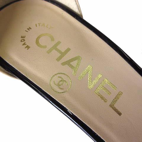 【中古】シャネル CHANEL 18C パンプス ヒールサンダル カメリア ココマーク レザー 35.5 C 黒 ベージュ 22.5cm 美品
