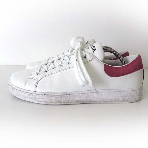 【中古】プラダ PRADA スニーカー 本革 レザー シューズ 6 白 ホワイト 赤 レッド 26.0cm くつ 靴 近年モデル