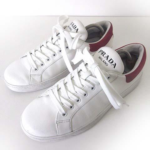 【中古】プラダ PRADA スニーカー 本革 レザー シューズ 6 白 ホワイト 赤 レッド 26.0cm くつ 靴 近年モデル