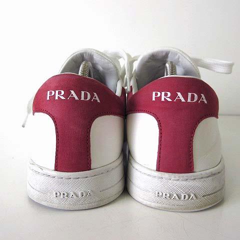 【中古】プラダ PRADA スニーカー 本革 レザー シューズ 6 白 ホワイト 赤 レッド 26.0cm くつ 靴 近年モデル
