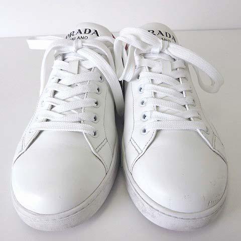 【中古】プラダ PRADA スニーカー 本革 レザー シューズ 6 白 ホワイト 赤 レッド 26.0cm くつ 靴 近年モデル