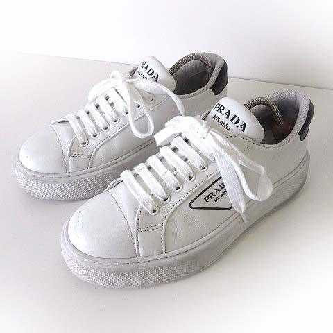 【中古】プラダ PRADA トライアングルロゴ ローカット スニーカー レザー シューズ 6.5 白 ホワイト 黒 25.5-26.0cm