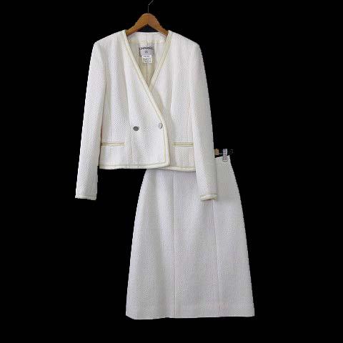 【中古】シャネル CHANEL 00T スカートスーツ セットアップ ツイード ココマーク ボタン S 36 アイボリー 正規品