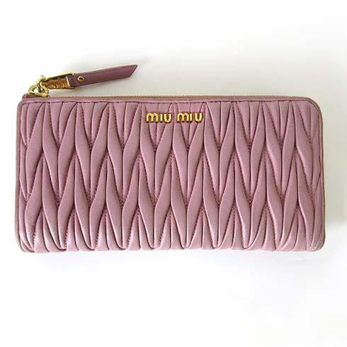 【中古】ミュウミュウ miumiu 財布 MATELASSE マテラッセ L字ファスナー レザー 長財布 5M1183 本革 ダスティ ピンク