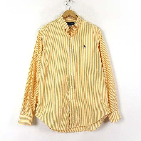 【中古】ラルフローレン RALPH LAUREN シャツ ボタンダウン 長袖 香港製 CLASSIC FIT ロゴ刺繍 M 黄色 白 美品
