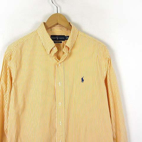 【中古】ラルフローレン RALPH LAUREN シャツ ボタンダウン 長袖 香港製 CLASSIC FIT ロゴ刺繍 M 黄色 白 美品_1