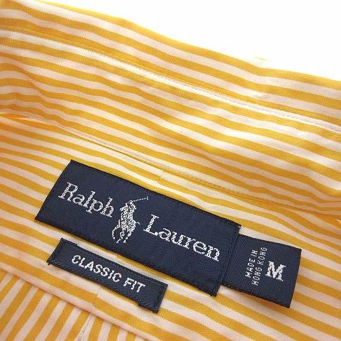 【中古】ラルフローレン RALPH LAUREN シャツ ボタンダウン 長袖 香港製 CLASSIC FIT ロゴ刺繍 M 黄色 白 美品_4