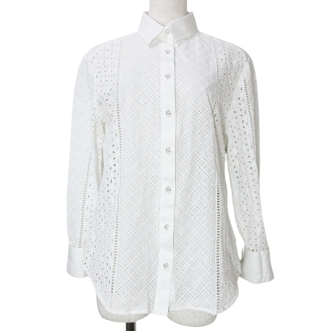 【中古】ナラカミーチェ NARA CAMICIE 美品 長袖 シャツ ブラウス 総レース ビジューボタン II L相当 ホワイト ■GY09の通販は 6,800円