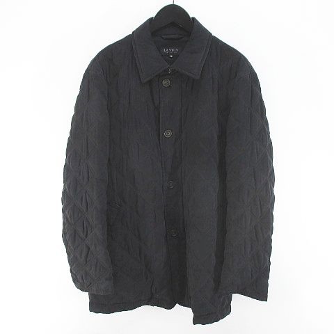 【中古】ランバン LANVIN キルティングコート ミディアム丈 48 黒系 ブラック 日本製 ジップアップ ボタン ポケット