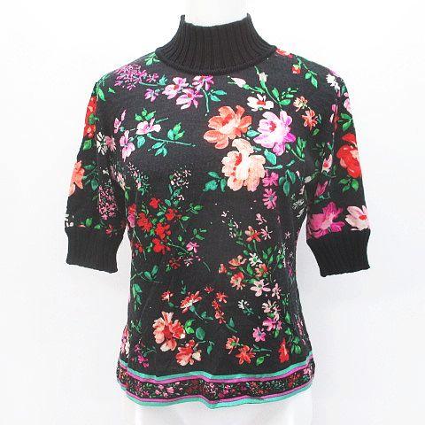 【中古】レオナール LEONARD 半袖 ニット セーター M 黒系 ブラック 花柄 フラワー ジャガード 毛 ウール 絹 シルク の通販は 8,968円