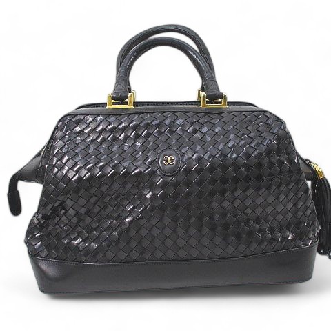 【中古】Elegance エレガンス ハンドバッグ ボストンバッグ タッセル 編みデザイン ブラック 黒系 レザー イタリア製の通販は