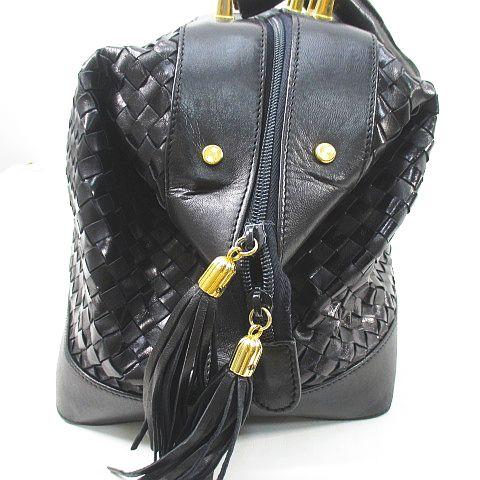 【中古】Elegance エレガンス ハンドバッグ ボストンバッグ タッセル 編みデザイン ブラック 黒系 レザー イタリア製の通販は