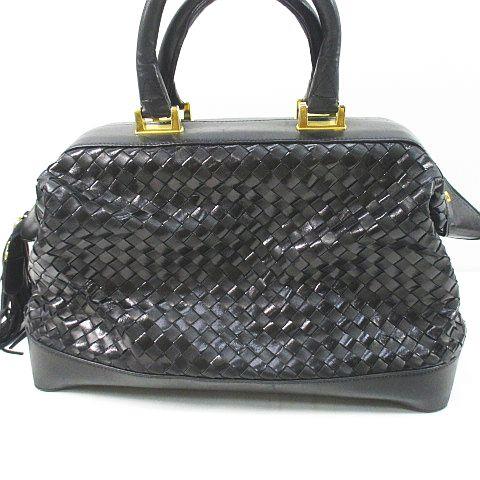 【中古】Elegance エレガンス ハンドバッグ ボストンバッグ タッセル 編みデザイン ブラック 黒系 レザー イタリア製の通販は