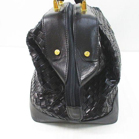 【中古】Elegance エレガンス ハンドバッグ ボストンバッグ タッセル 編みデザイン ブラック 黒系 レザー イタリア製の通販は