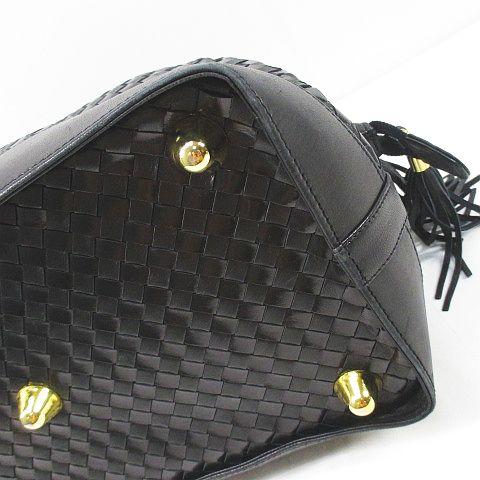 【中古】Elegance エレガンス ハンドバッグ ボストンバッグ タッセル 編みデザイン ブラック 黒系 レザー イタリア製の通販は