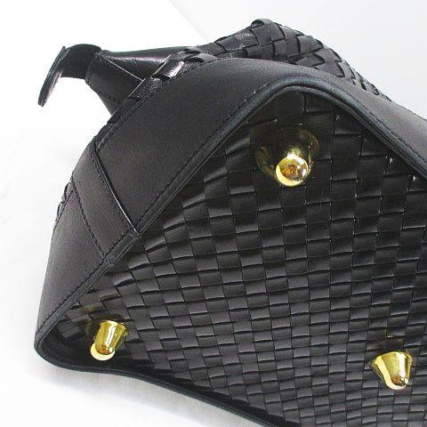 【中古】Elegance エレガンス ハンドバッグ ボストンバッグ タッセル 編みデザイン ブラック 黒系 レザー イタリア製の通販は