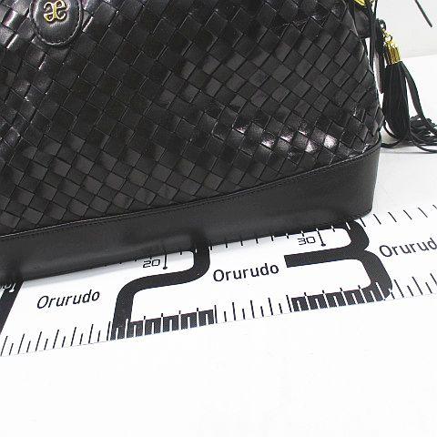 【中古】Elegance エレガンス ハンドバッグ ボストンバッグ タッセル 編みデザイン ブラック 黒系 レザー イタリア製の通販は