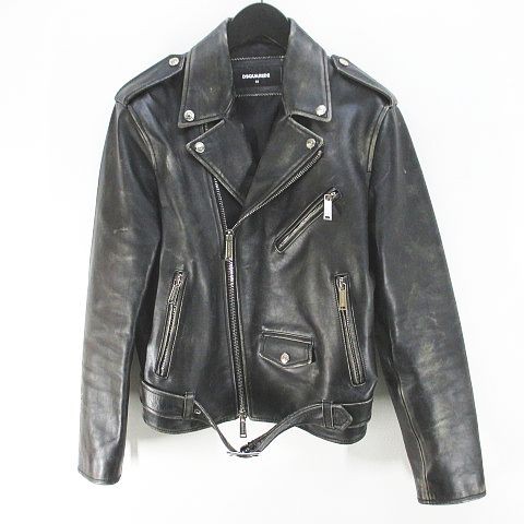 【中古】ディースクエアード DSQUARED2 S71AN0205 Sy1512 革ジャン レザージャケット ライダース 牛革 48 USED加工 黒