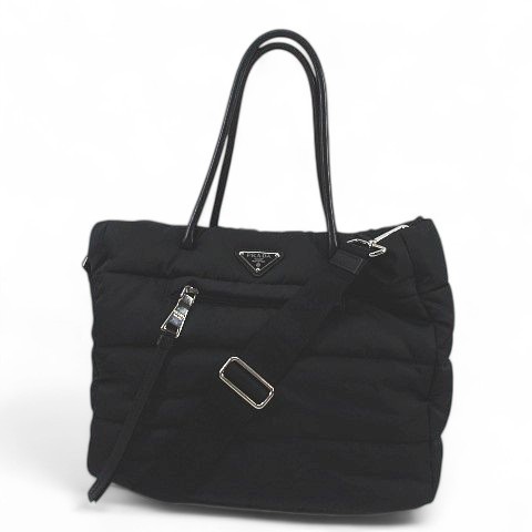 【中古】プラダ PRADA bomber キルティング トートバッグ ハンド ショルダー 2WAY シルバー金具 三角ロゴ ブラック