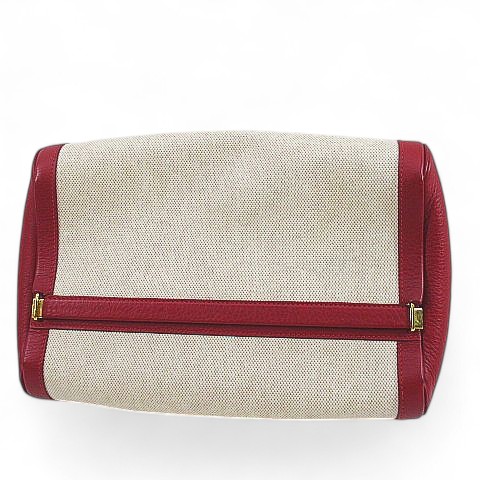 【中古】エルメス HERMES toilet bag in burgundy leather and beige canvas クラッチバッグ キャンバス レザー