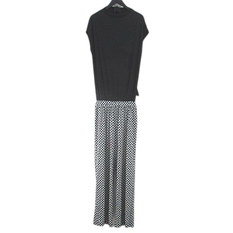 【中古】レジィーナロマンティコ ReginaRomantico チェーン柄 オールインワン フレンチスリーブ ワイドパンツ 黒