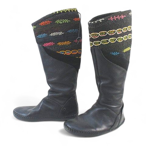 【中古】isabel イザベル ロングブーツ フラット ステッチ 38 ブラック 黒  レザー スエード  布 レディース