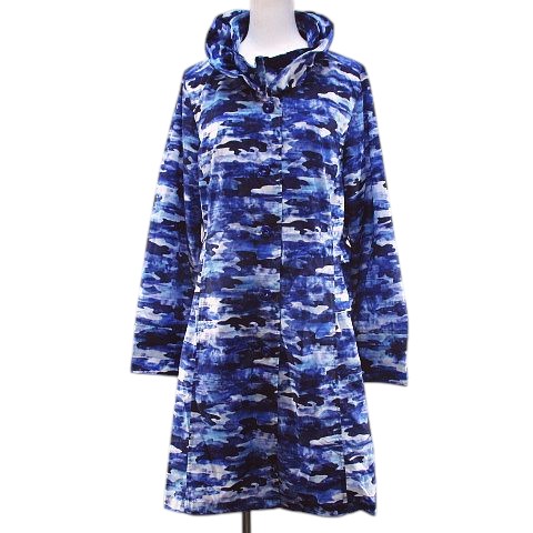 【中古】未使用品 シャミー Chamois ナイロン コート ミドル丈 44 青系 ブルー 総柄 ワイヤー襟 ボタン 日本製 タグ付