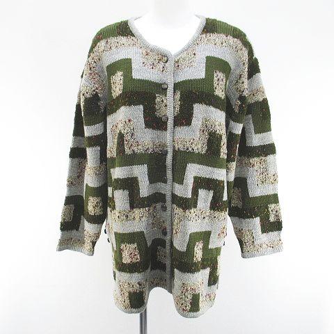 【中古】未使用品 アンナフロデイ ANNA FRODI 長袖 カーディガン ニット 厚手 F 灰系 グレー 肩パット 毛 ウール 総柄