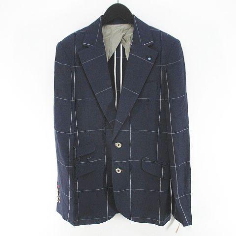 【中古】未使用品 ダブルスタンダードクロージングヒム D/him. 格子柄 テーラード ジャケット 背抜き 麻 リネン 48 紺