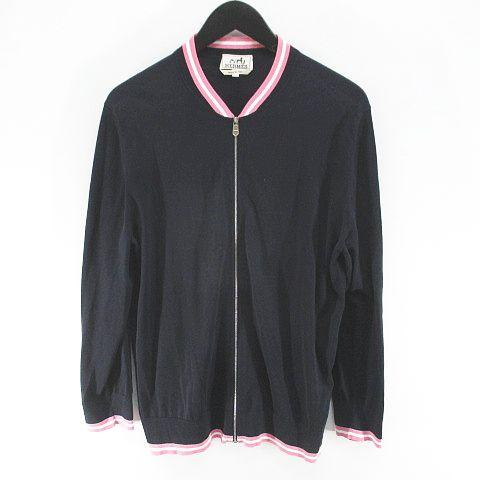 【中古】エルメス HERMES 長袖 カーディガン ニット S 紺系 ネイビー イタリア製 ジップアップ ライン メンズ