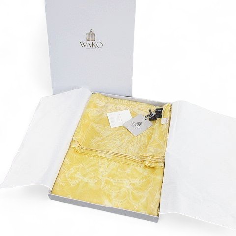 【中古】未使用品 ワコー WAKO ストール スカーフ 絹 シルク 黄 イエロー イタリア製 シースルー 透け感 総柄 タグ付
