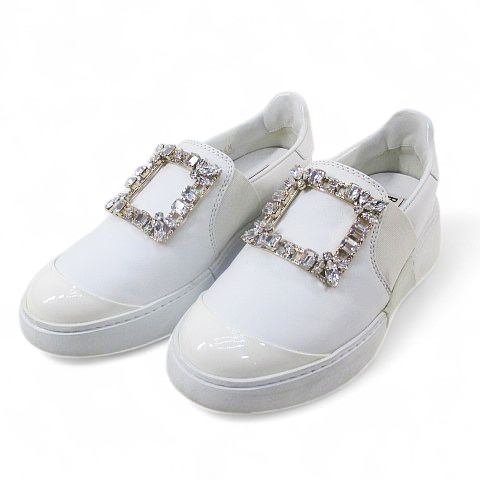 【中古】ロジェヴィヴィエ ROGER VIVIER ビジュー クリスタル スリッポン スニーカー ローファー 34.5 ホワイト 白系