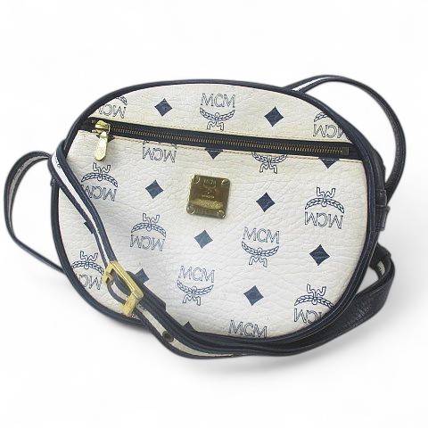 【中古】エムシーエム MCM ショルダーバッグ ポシェット クロスボディ 斜めがけ 総柄 ホワイト 白系 レザー