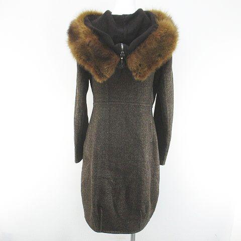 【中古】エルマノシェルビーノ ERMANNO SCERVINO ヘリンボーン柄 ロングコート ファー 40 茶 ブラウン イタリア製 毛 中古】エルマノシェルビーノ ERMANNO SCERVINO ヘリンボーン柄 ロング