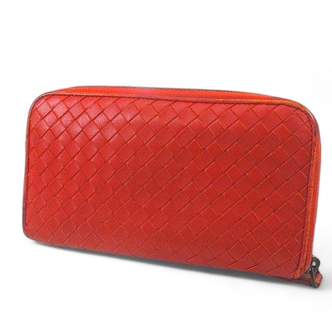 【中古】ボッテガヴェネタ BOTTEGA VENETA 長財布 ラウンドファスナー イントレチャート オレンジ レザー イタリア製