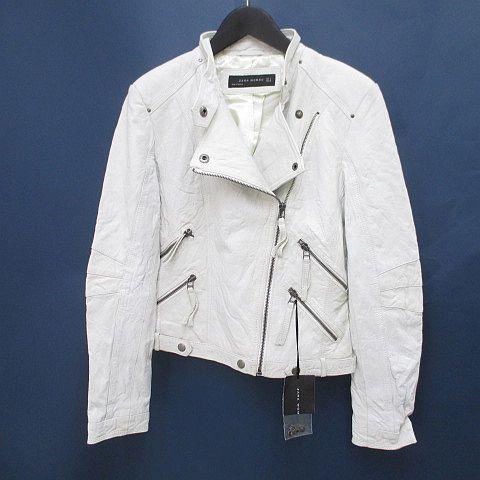 【中古】未使用品 ザラウーマン ZARA WOMAN レザージャケット 革ジャン S 白系 ホワイト ジップアップ 裏地 タグ付