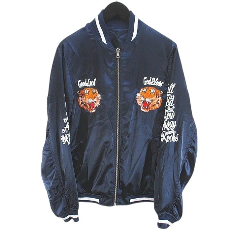 【中古】クライミー CRIMIE リバーシブル スカジャン ジャケット トラ柄 M 紺系 ネイビー 刺繍 ジップアップ ポケット