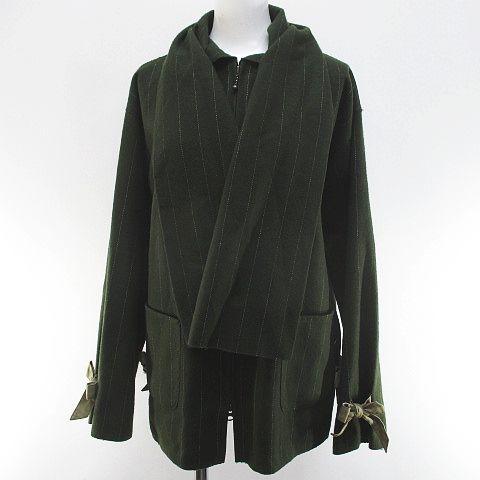 【中古】ジリ GIGLI ストライプ柄 ステンカラー ジャケット ストール付 38 オリーブグリーン ダブルジップ リボン