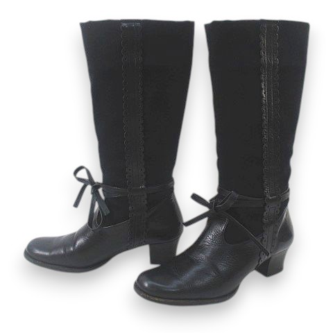 【中古】ピンクハウス PINK HOUSE ロングブーツ リボン レザーレース S ブラック 黒系 スエード レザー レディース