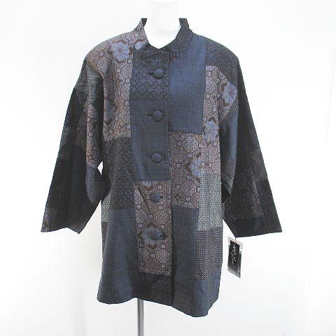 【中古】未使用品 飛天 あいびぶれ ロングコート 薄手 絹 シルク FREE 紺系 ネイビー 日本製 パッチワーク ポケット