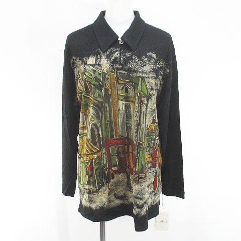 【中古】未使用品 プレッツァ PUREZZA 風景柄 長袖 ニット セーター F 黒系 ブラック 日本製 毛 ウール タグ付